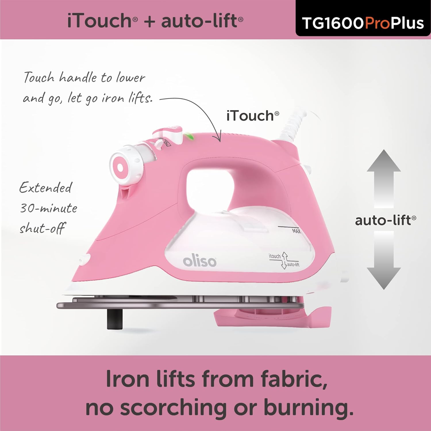 Oliso TG1600 ProPlus Smart Iron - 1800 Watt Steam Iron with Auto-Lift & Diamond Ceramic-Flow Soleplate | Rosé