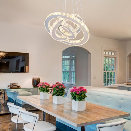 xychfantligh Modern Dimmable LED Chandelier 3 Rings Crystal Chandelier with Remote Stainless Steel Adjustable Pendant Light for Living Dining Room Bedroom
