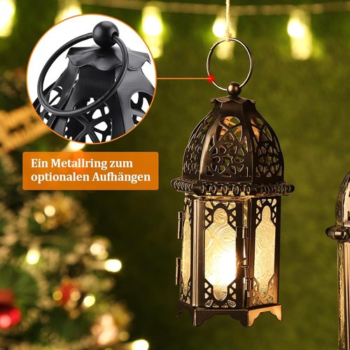 IMAGE Metal Candle Lantern - 6.7" Hanging Moroccan Birdcage Holder with Glass - Black Tabletop Decor