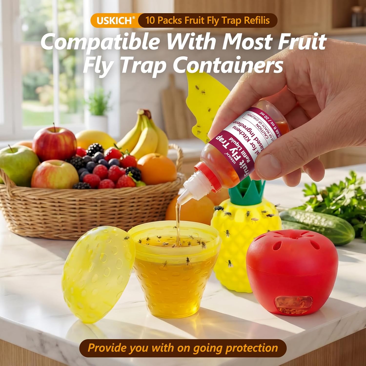 Skiennix Fruit Fly Trap Refill - 10 Pack, 0.68oz Bottles | Non-Toxic Gnat Catcher for Home Use
