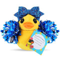 Lenwen Cheer Duck Gift with Pom Poms Bow 8 Inch Duck Plush Senior Cheerleader Gifts Team Support Gift for Senior Night Gifts Cheer Competition Day Must Have(Blue)