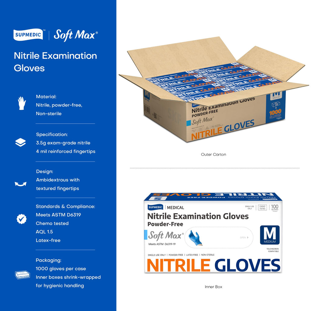 Supmedic Nitrile Exam Glove, 3.5 mil Disposable Medical Gloves Powder-Free Latex-Free Food Safe Cleaning Cooking,1000 pcs Blue (Medium)