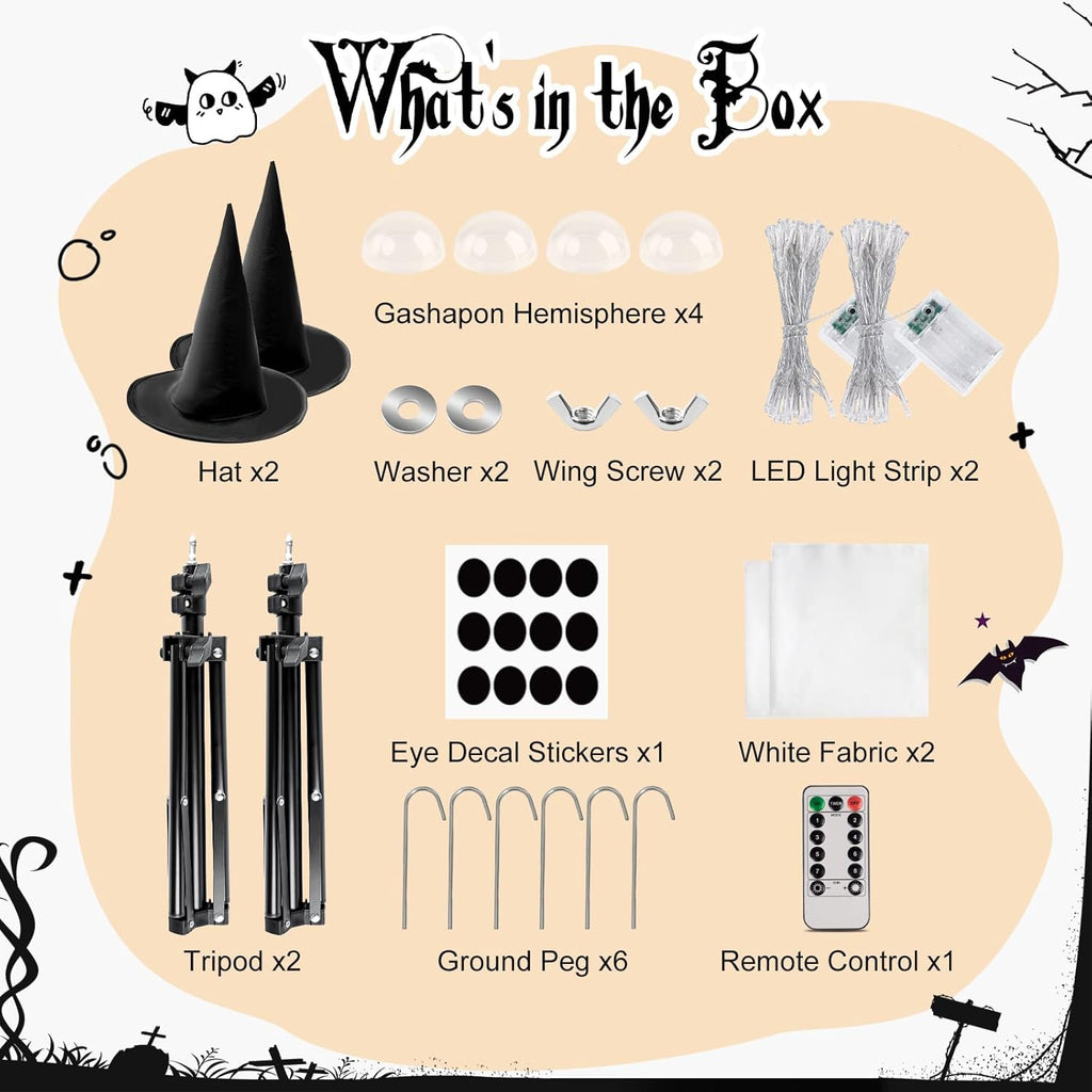 Skiennix Halloween Decorations - Light-Up Spooky Ghosts with LED Strips & Witch Hats | 2 Large Indoor/Outdoor Decor