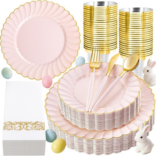 Ciaell 175 PCS Pink Scalloped Plastic Plates with Gold Trim - Pink Plastic Silverware with Handle - Fancy High-End Dinnerware Sets for Wedding & Baby Showers & Party & Easter