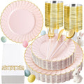 Ciaell 175 PCS Pink Scalloped Plastic Plates with Gold Trim - Pink Plastic Silverware with Handle - Fancy High-End Dinnerware Sets for Wedding & Baby Showers & Party & Easter