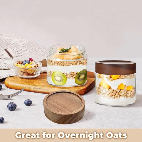 Brighomrom Set of 2 Glass Food Storage Jars, Premium Clear Glass Container Jar with Airtight Wooden Screw Lid, Kitchen Canisters for Coffee,Tea,Pasta,Cookies, Nuts,Spice,Candy,Overnight Oatmeal