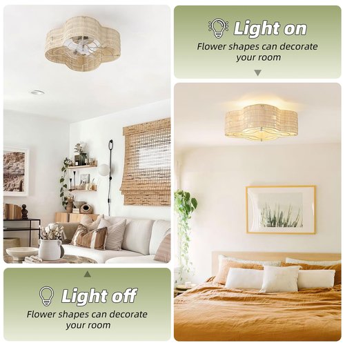 Gryalcy 20" Boho Ceiling Fan with Light, Rattan Flush Mount Ceiling Fan with Light Remote Control, Caged Enclosed with 6 Speeds for Bedroom, Living Room, Foyer, Nursery (Yellow)