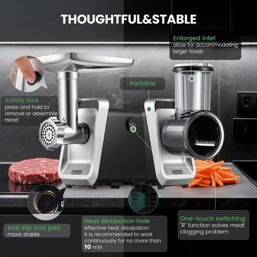 Huanyu Electric Meat Grinder 2600W Max Multifunctional Processor with Stainless Steel Blade & Meat Plates, Sausage Stuffers, Kubbe Kit, Cheese Grater, Veggie Slicers & Juicer for Home Kitchen Using