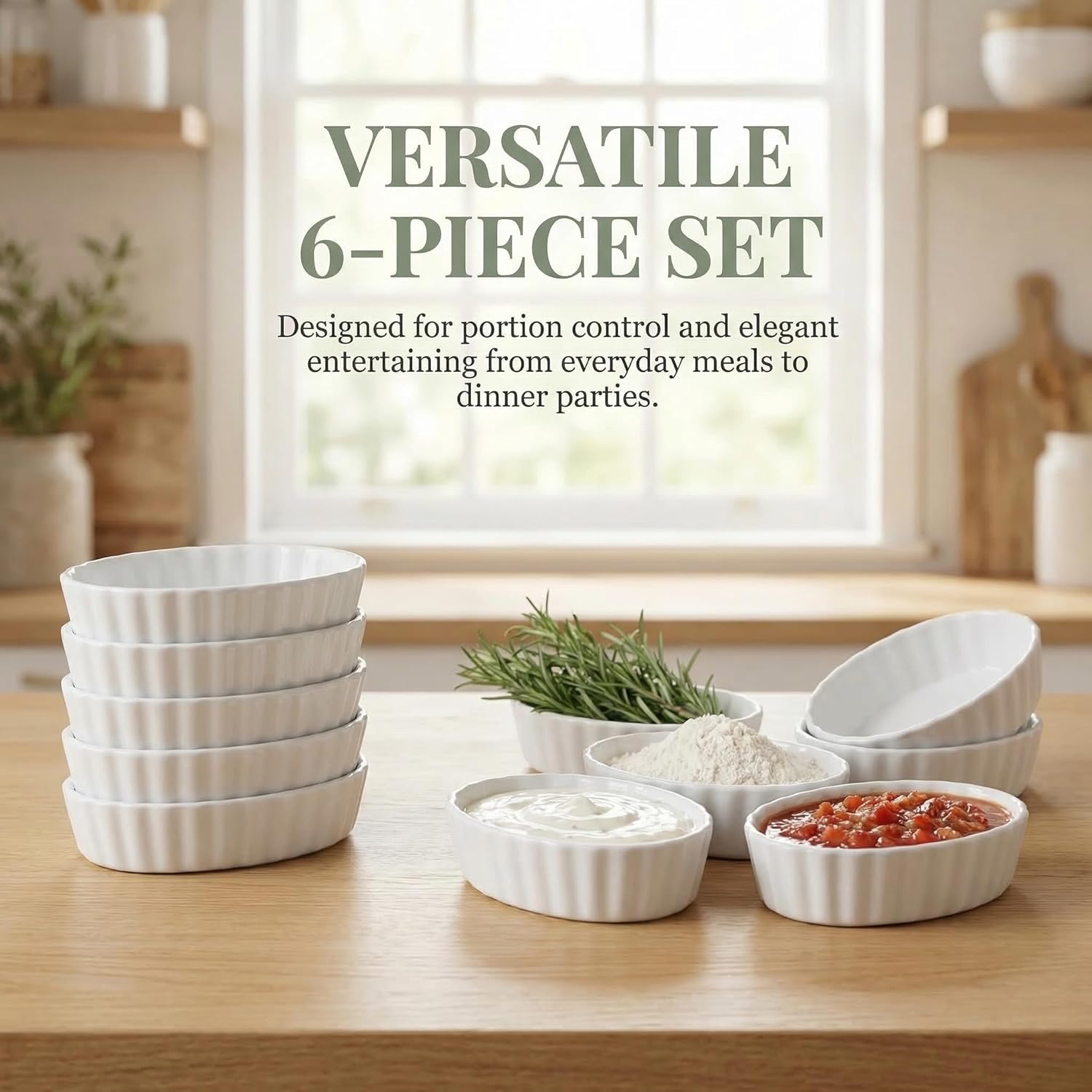 Regine Switzerland 6 Pcs Creme Brulee Ramekins - 4 Oz Oval Ceramic Baking Dishes, Oven Safe & Stackable