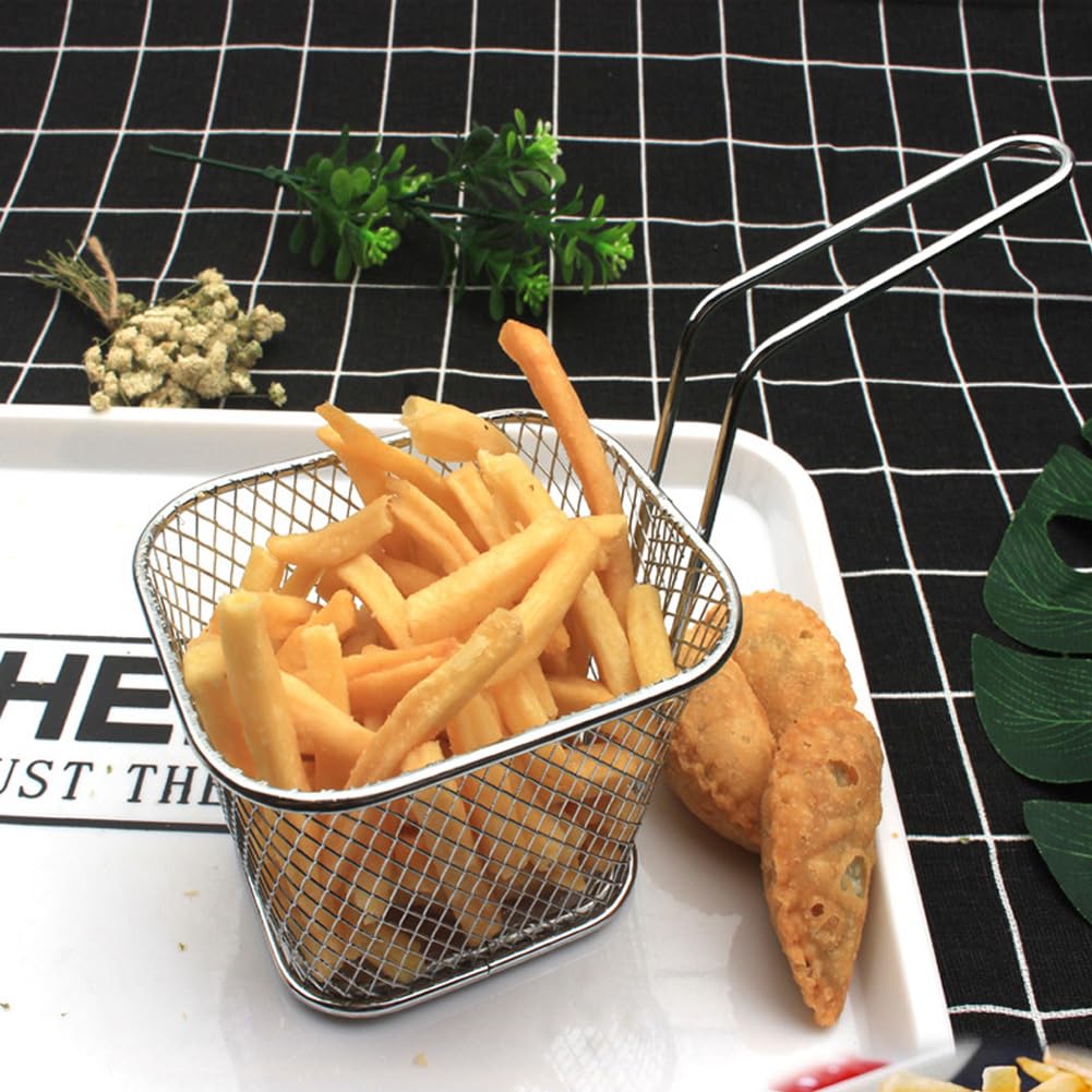 12 Pieces Fries Basket, Mini Square French Fry Chip Holder Food Snack Baskets For Serving, Stainless Steel Fry Basket with Handle Kitchen Restaurant
