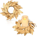Domensi Gold Bay Leaf Candle Rings - 2 Pcs Rustic Wreath Holders for 3.9 Inch Pillar Candles