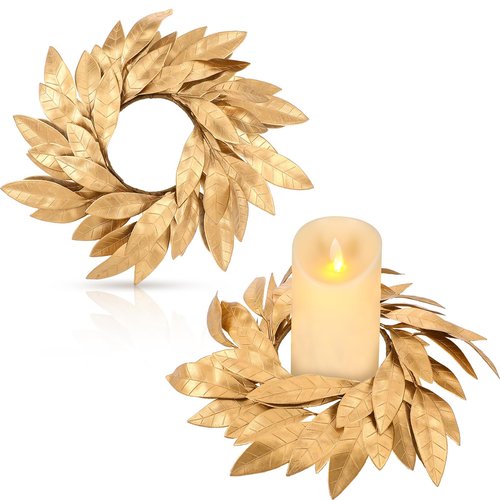 Domensi 2 Pcs Christmas Artificial Gold Bay Leaf Candle Rings Gold Bayleaf Candleholders Wreath for Pillar Candles 3.9 Inch Candles Holder for Christmas Rustic Table Centerpiece Decor