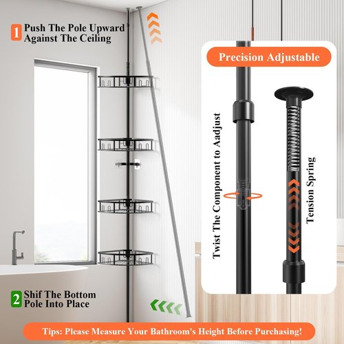4-Tier Rustproof Corner Shower Caddy by [Brand Name] - Adjustable Height 42-115 Inch Bathroom Organizer | Black Shelves with Hooks