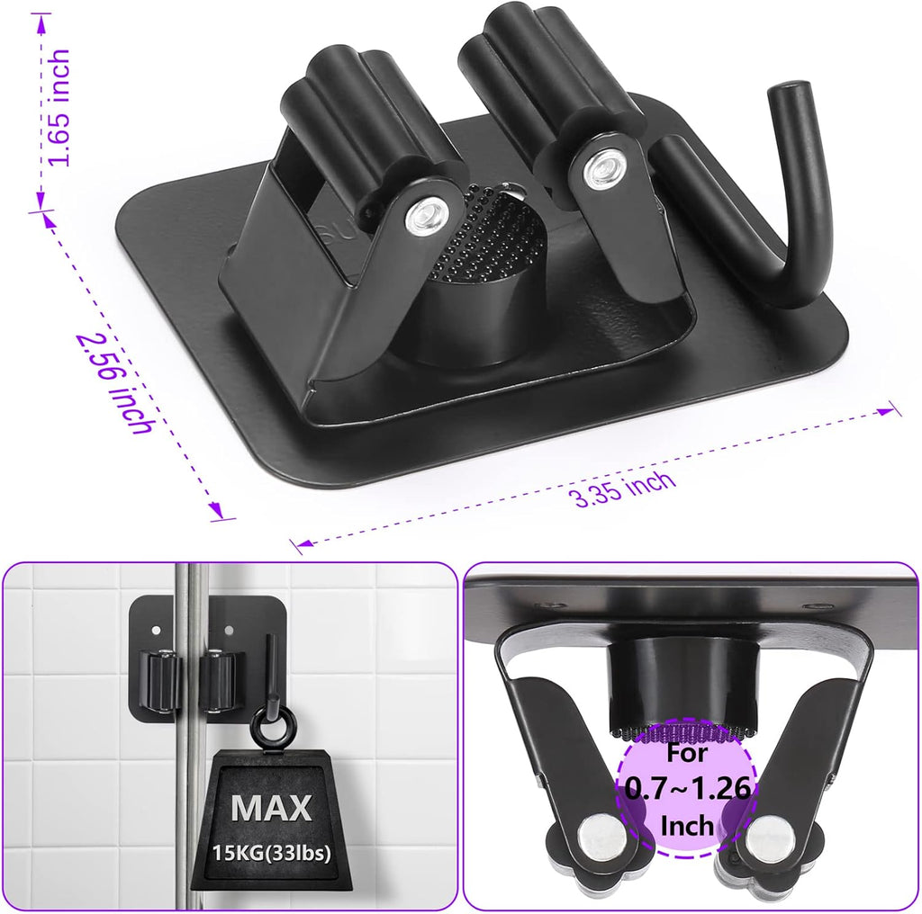 Stainless Steel Broom Holder - Heavy Duty & Rust Resistant | 4 Gripper Positions & Hooks, Black