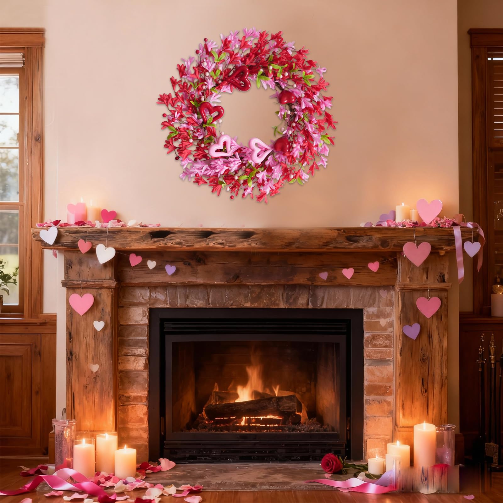 TEMPUS 20 Inch Openwork Heart Shaped Wreath for Spring Pink & Red Forsythia with Heart Berries for Front Door-Love Decor for Mothers Day Anniversary Party