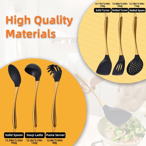 Kitchen Utensils Set, Large Non-stick Silicone Cooking Utensils Set 6 Pcs,Made of 446°F Heat Resistant Food Grade Silicone and Stainless Steel Handles,Easy to Clean Kitchen Gadgets Set (Gold)
