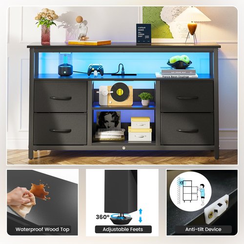 Haewon Black TV Stand with LED Lights and Power Outlets, Entertainment Center for 55 inch TV, Media Console Table with 4 Fabric Drawers and Open Shelf for Living Room, Wood Top and Metal Frame