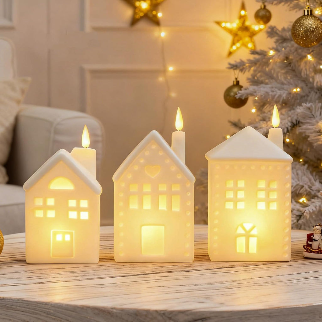 WDS WONDROUS Ceramic Christmas Village Set - Light-Up Tabletop Decor | Set of 3 Flameless Candle Houses