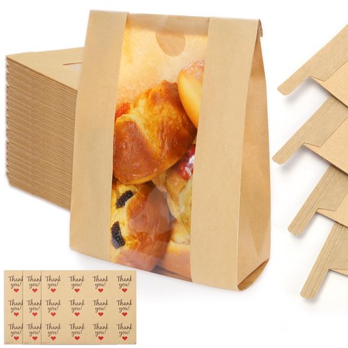 130 Pack Homemade Bread Sourdough Bags, 14" x 8.3" x 3.5" Large Paper Bread Bag with Tin Tie Tab Lock Clear Front Window Stickers for Bakery Storage Mothers Day Gifts
