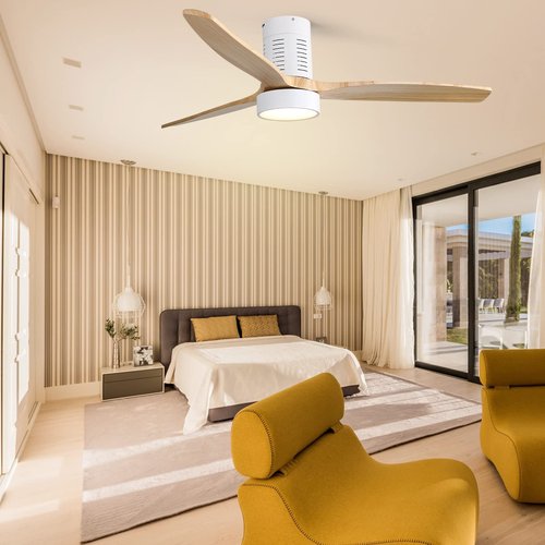 Sofucor 52 Inch Ceiling Fans with Lights and Remote Control, Modern Low Profile Flush Mount Wood Ceiling Fan, LED Dimmable, 6 Speeds Quiet DC Motor, Indoor/Outdoor Ceiling Fan for Bedroom Living Room