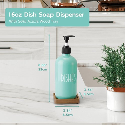 Turquoise Glass Dish Soap Dispenser with Acacia Wood Tray, 16 oz Refillable Kitchen Soap Pump Bottle, Decorative Teal Countertop Soap Dispenser Set for Kitchen, Bathroom, Restaurant