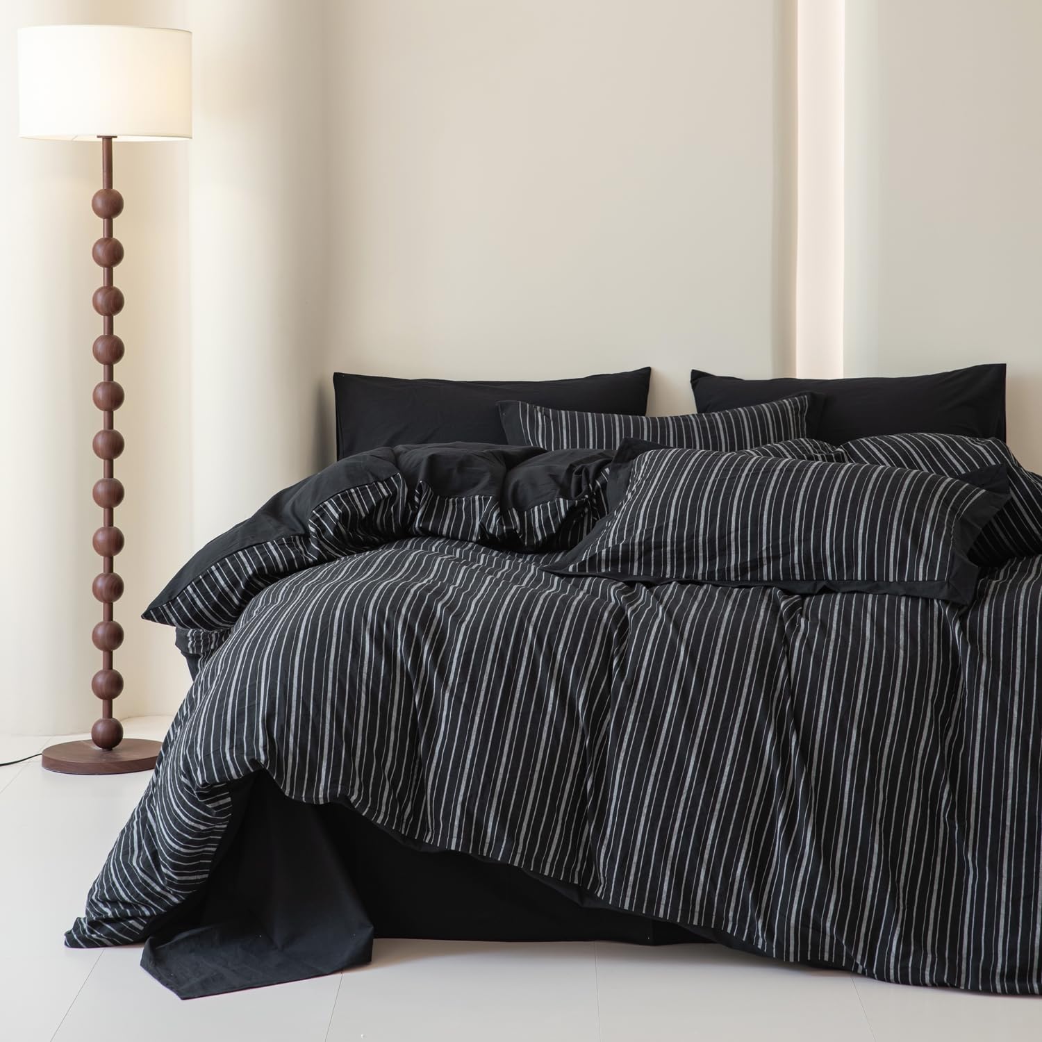 SUSYBAO Pinstripe Duvet Cover Queen 100% Washed Cotton 3 Pieces Set 1 Black Vertical Striped Duvet Cover with Zipper Ties 2 Pillow Shams Classic White Ticking Stripe Bedding Set