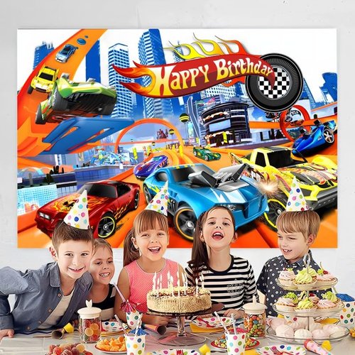 Hot Birthday Party Decorations, 5x3ft Happy Birthday Back drop Banner Theme Backdrop Banner for Wheels Party Decorations Indoor Outdoor.