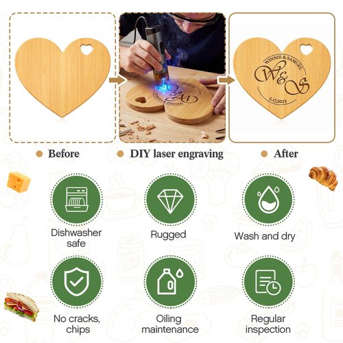 Nuenen 30 Pcs Mini Wooden Charcuterie Board Bulk, Small Wood Cutting Board for Crafts Laser Engraving with Knives Organza Bags Wedding Baby Shower Favors Gift (Heart,Bamboo Color)