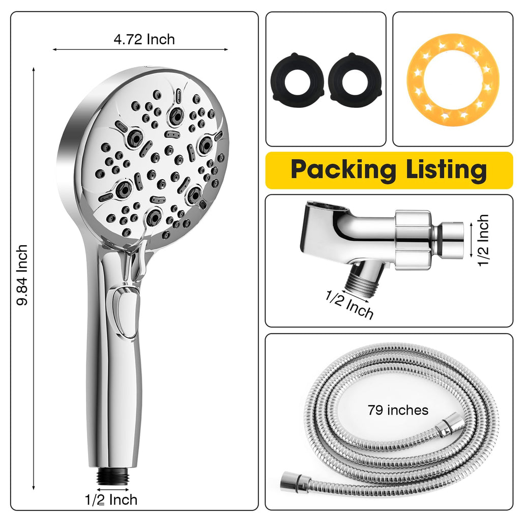 XFTHyzo 8-Mode High Pressure Handheld Shower Head with ON/OFF Switch,Handheld Shower Wand with Power Wash Spray for Cleaning Tubs,Pets & Tiles,79-Inch Stainless Steel Hose & Bracket,Chrome