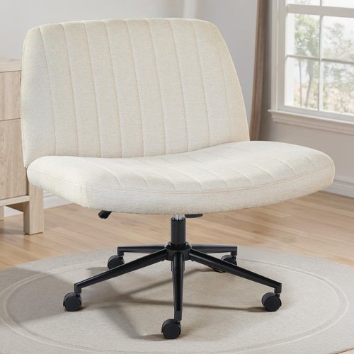 OLIXIS Criss Cross Chair with Wheels Wide Cross Legged Office Desk Vanity Chair Comfy Fabric Armless Adjustable Swivel for Home Computer Task Fabric Beige