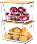 2 Set Pantry organizers and Storage,Trash Bag Holder Under sink Organizer for 4-13 Gal Bags,Trash Bag Dispenser with Bamboo Lids and Stackable Clear Bins for Potato, Onion, Garlic, Fruit, Vegetables