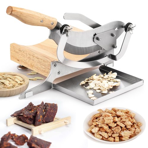 Moongiantgo Biltong Slicer Chinese Medicine Radiused Beef Jerky Cutter with Handguard, 0-0.5’’ Adjustable Thickness, Wooden Base Herb Root Cutting Machine for Ginseng Antler Gastrodiae Maca Ganoderma