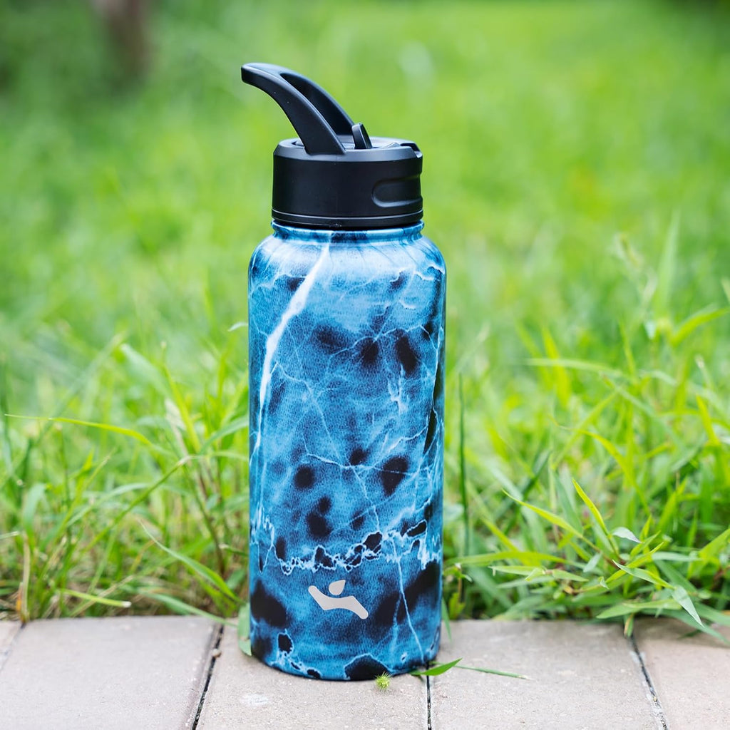 Skiennix 18 Oz Insulated Stainless Steel Water Bottle - Marble Ocean Design with 3 Lids