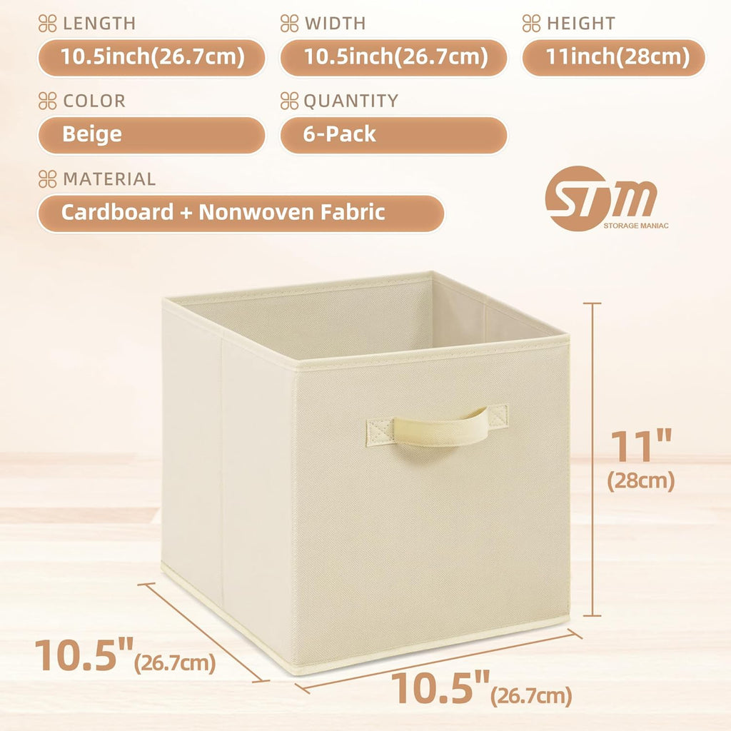 Storage Maniac 11-Inch Collapsible Storage Cubes - Durable Fabric Bins for Closet & Office | 6-Pack Beige