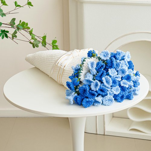 Crochet Flower Bouquet Throw Blanket, Handmade Knitted Blanket with Flowers, Cute Romantic Gift for Her Girlfriend Mom Mother’s Day Valentine Wedding Anniversary Birthday, Blue 60 Inches