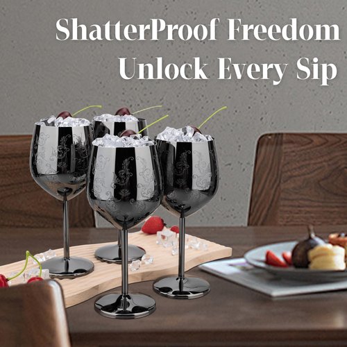 MeowvCraft Wine Glasses Stainless Steel Set of 4, 17oz Black Etched Goblets with Intricate Baroque Engravings, Royal Style Lightweight Shatterproof Wine Cups Gift for Home, Restaurant, Bar, Outdoor