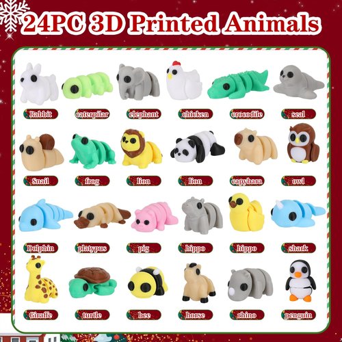 Advent Calendar 2025 Mini 3D Printed Animals Set, 24 Days Christmas Countdown Calendar, 3D Printed Animal Articulated Flexible Fidget Toy, Cute Tiny Animals for Boys Girls Christmas Party Favors Gifts