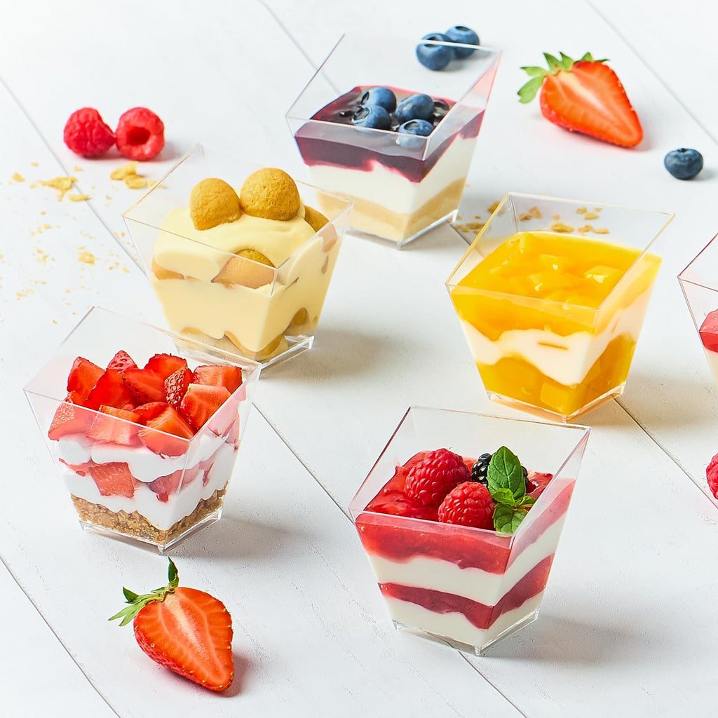 Zezzxu 4 oz Slanted Irregular Dessert Cups with Spoons, 50 Pack Mini Appetizer Cups Small Plastic Party Serving Cups for Ice Creams Mousses Puddings Parfaits Triffles