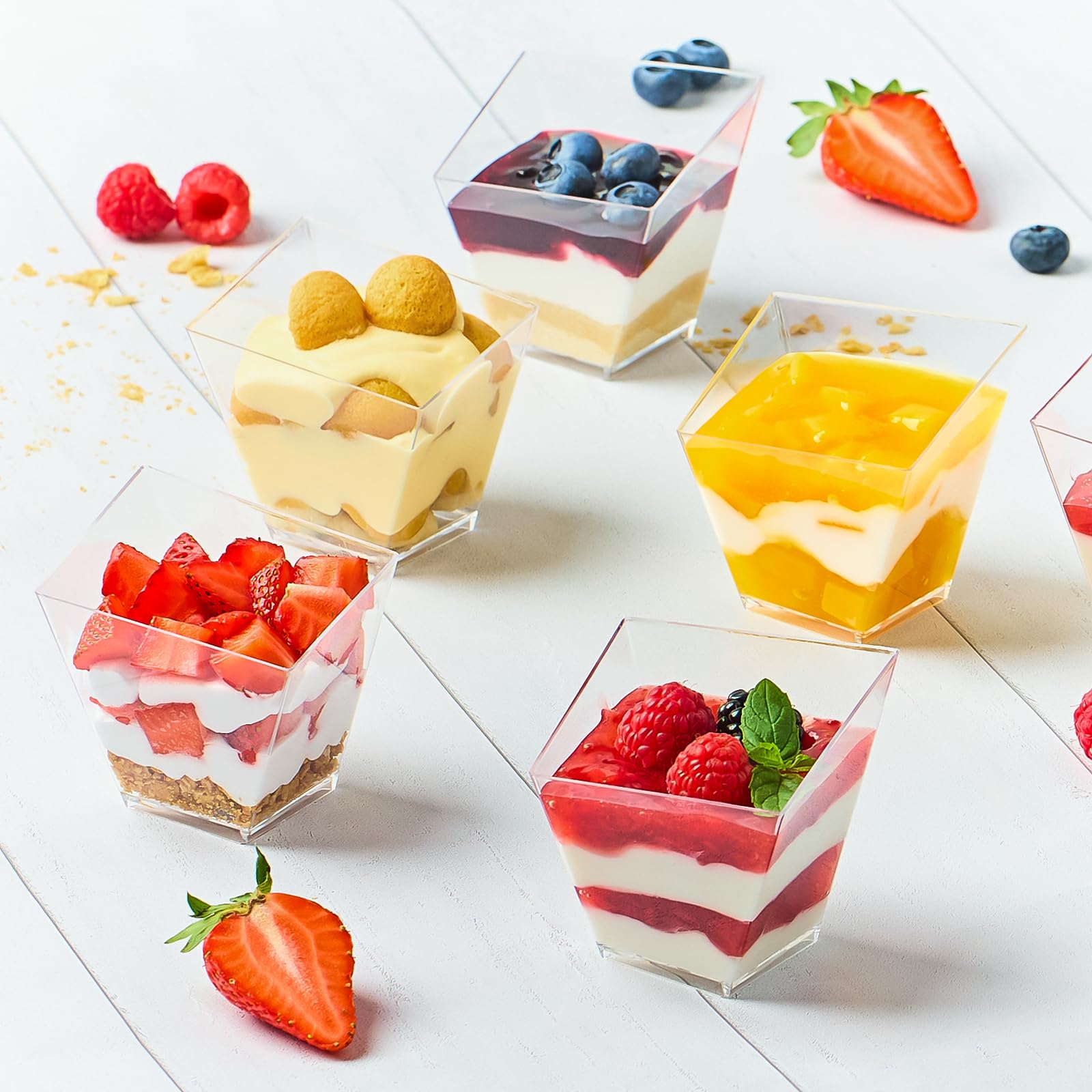 Zezzxu 4 oz Slanted Irregular Dessert Cups with Spoons, 50 Pack Mini Appetizer Cups Small Plastic Party Serving Cups for Ice Creams Mousses Puddings Parfaits Triffles