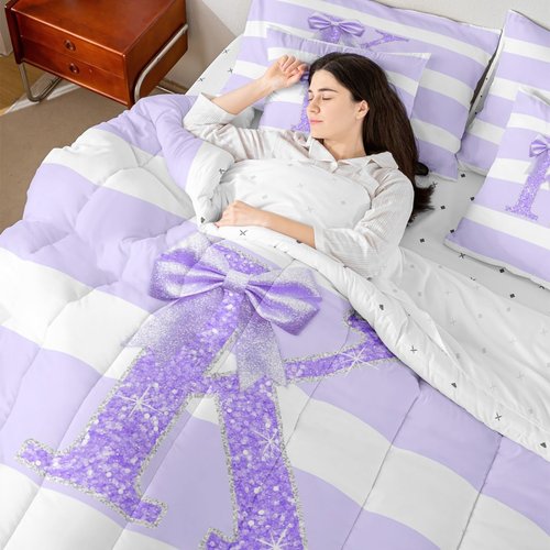 Erosebridal Monogram Letter K Full Size 7 Piece Bedding Set for Kids Purple Bow Bed in A Bag Personalized Glitter Initial Comforter Set for Girls Teens Bedroom Decor Modern Aesthetic Stripes Bed Sets