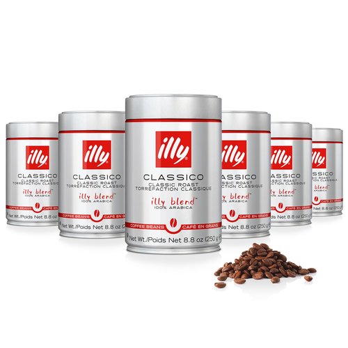 illy Whole Bean Coffee, Classico Medium Roast, 100% Arabica, Premium Italian Coffee, Ideal for Espresso, Drip, Moka and French Press Brewing, 8.8oz, 6 Pack