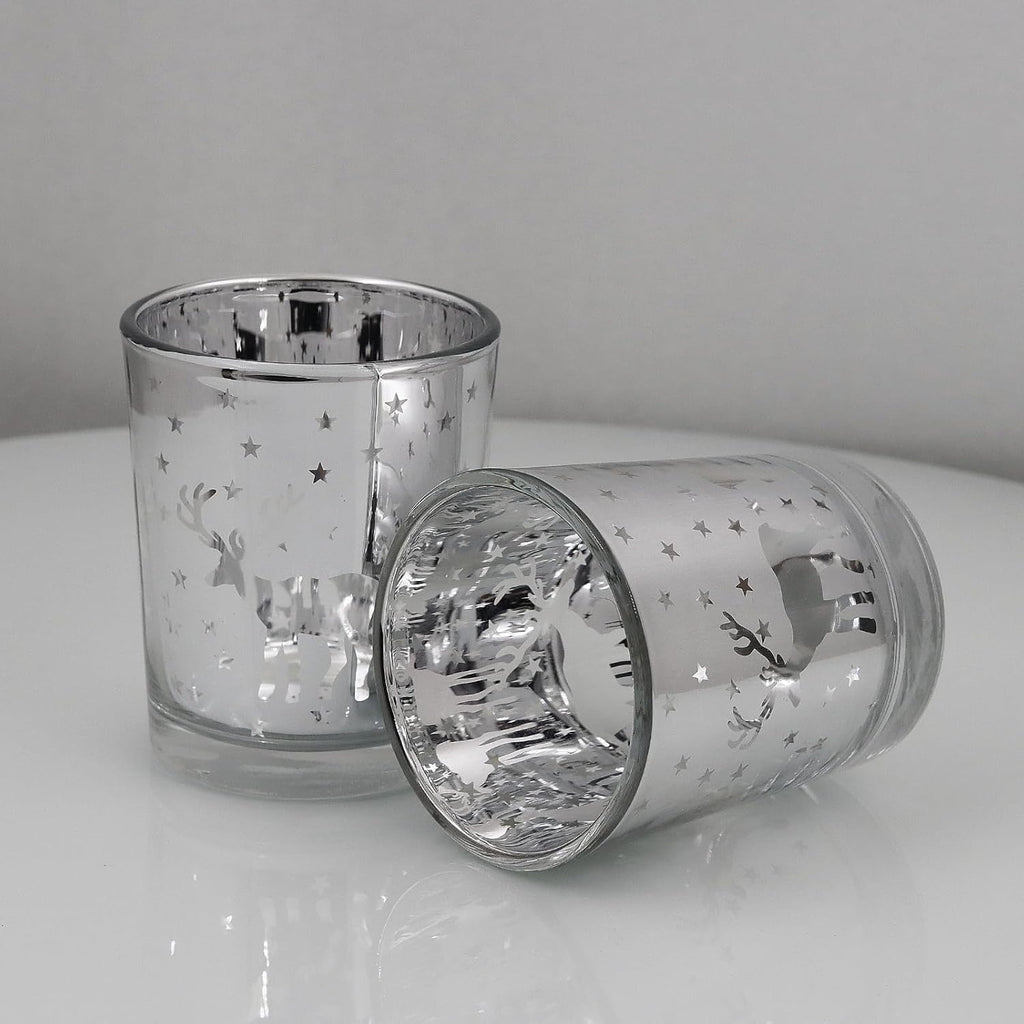 Skiennix Silver Votive Tealight Candle Holders - 12PCS Carved Reindeer Xmas Table Centerpiece Decor