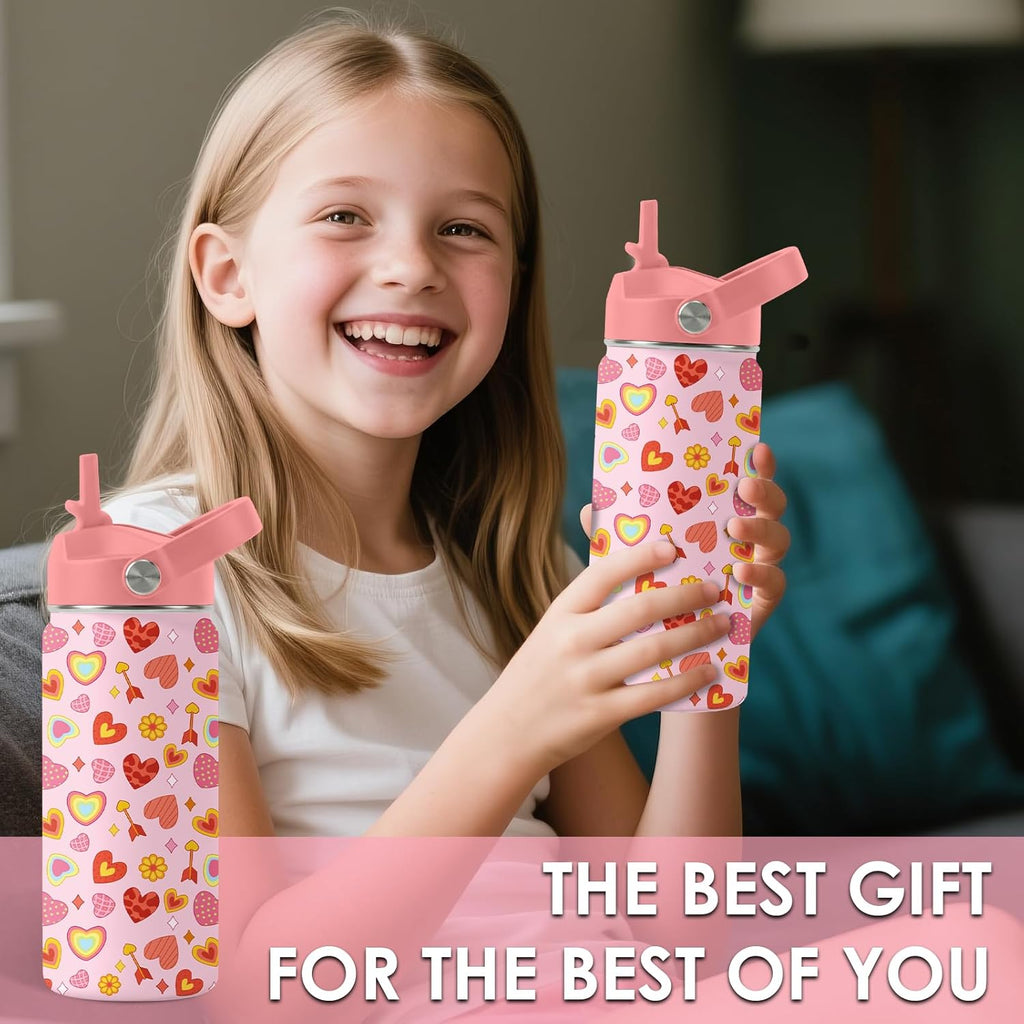 Skiennix Heart Pattern Kids Water Bottle - 16 Oz Stainless Steel Insulated Tumbler, Leak Proof, BPA-Free, Perfect for School & Travel