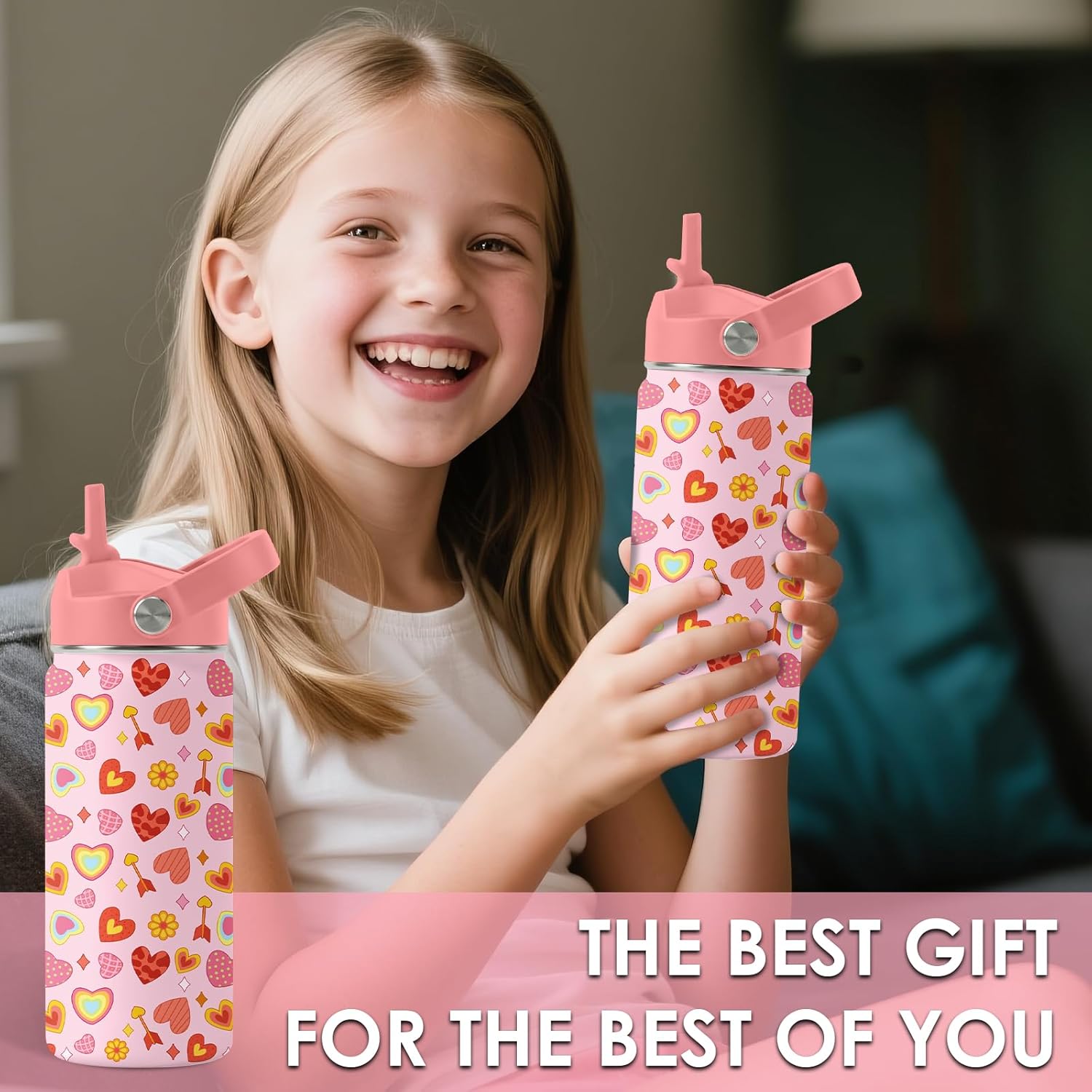 Skiennix Heart Pattern Kids Water Bottle - 16 Oz Stainless Steel Insulated Tumbler, Leak Proof, BPA-Free, Perfect for School & Travel
