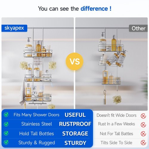 Skyapex Shower Caddy Over the Door Organizer: Bath Rack Hanging Over Glass with Hooks - Storage Shelf Inside Bathroom for Shampoo - Sliver