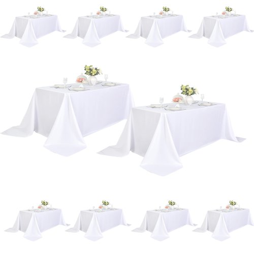 ZarzaaSik 10-Pack 90x156 inch White Table Cloths, Solid Stain and Wrinkle Resistant Oblong Tablecloth, Premium Plain Weave Polyester Fabric Rectangle Table Linen Covers for Hotel, Banquet