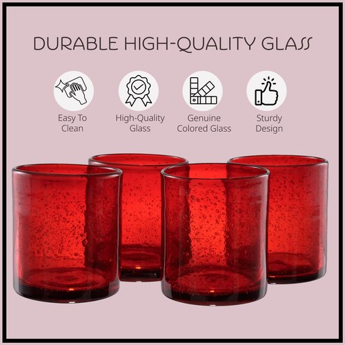 Artland 14oz Double Old Fashion Glass, Set of 4 | Iris Seeded Design, Ruby Red | Drinking Glass for Parties and Everyday Use - Mojito, Whiskey, Cocktail | Glassware & Barware Essentials