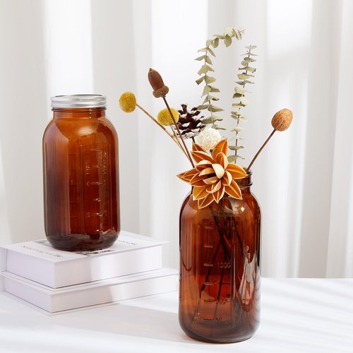 Norme 3 Pcs 64 oz Glass Mason Jars Glass Mason Jars Canning Container Set Embossed Half Gallon Fermenting Container with Airtight Lids for Canning Freezing Preserving Beverages Decor (Amber)