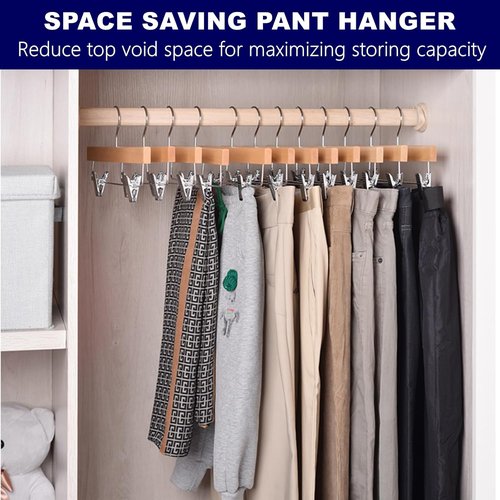 Amber Home Wooden Pants Hangers - 24 Pack Natural Wood Clips for Jeans, Slacks & Shorts