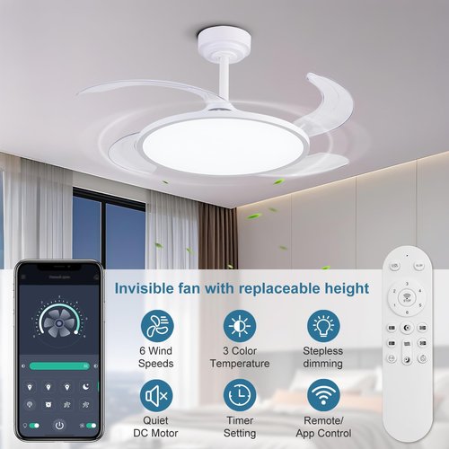 AHAWILL Retractable Ceiling Fan with Lights and Remote,42'' Fandelier Ceiling Fan with Dimmable Full Spectrum,Timer Setting,Silent DC Motor,Modern Bladeless Fan for Bedroom Dining Room,White